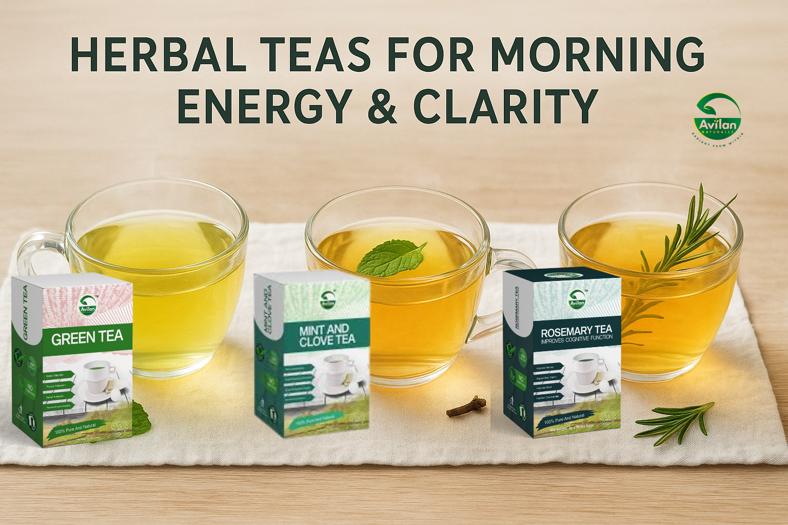 Three glass cups of herbal teas—green tea, mint & clove tea, and rosemary tea—arranged neatly on a light cloth, each garnished with fresh herbs, promoting healthy teas for breakfast energy and clarity.