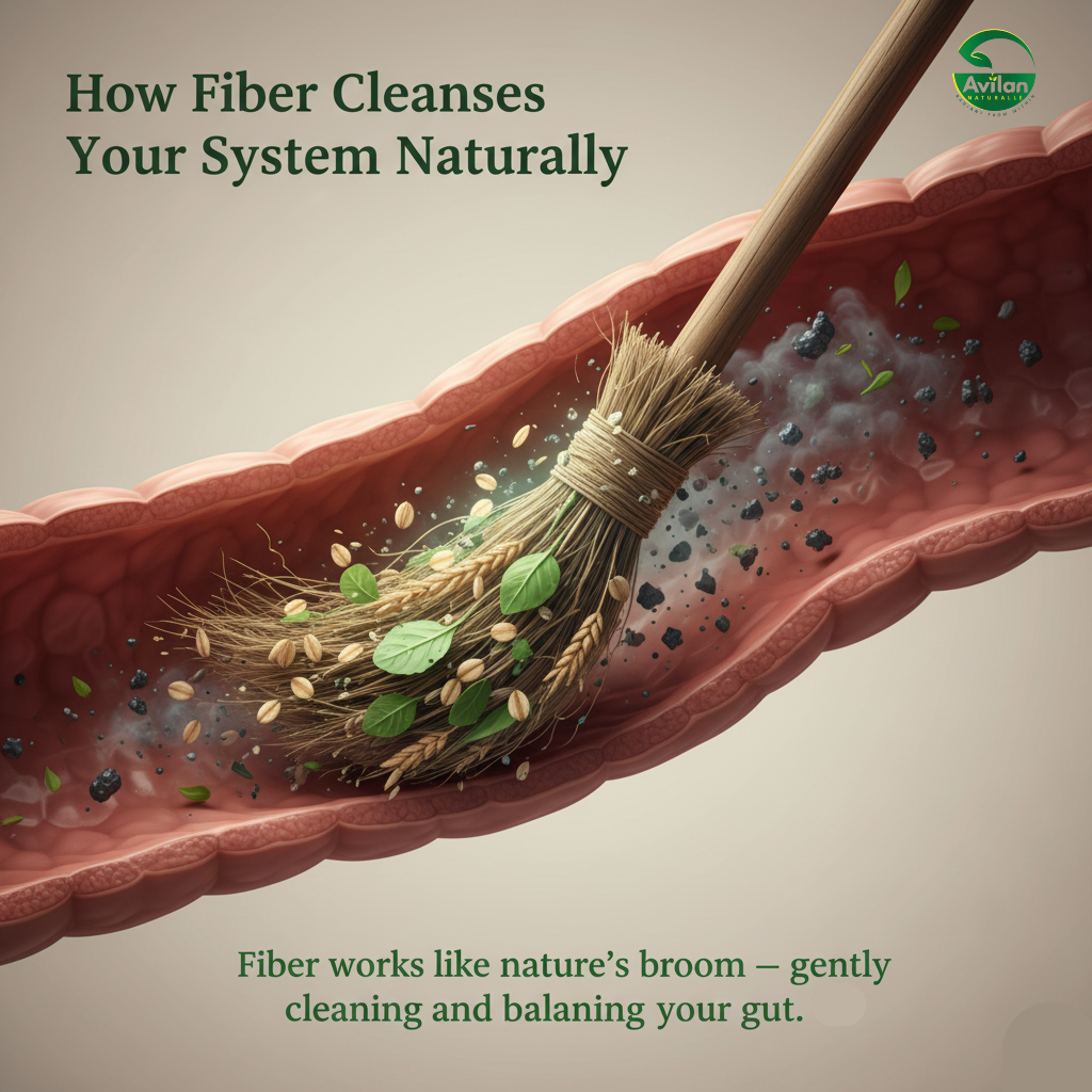 Illustration of fiber sweeping through intestines for better digestion.