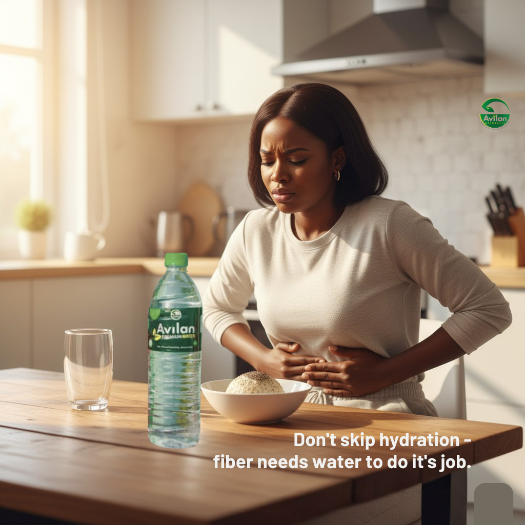 Woman looking bloated before drinking enough water with fiber foods.