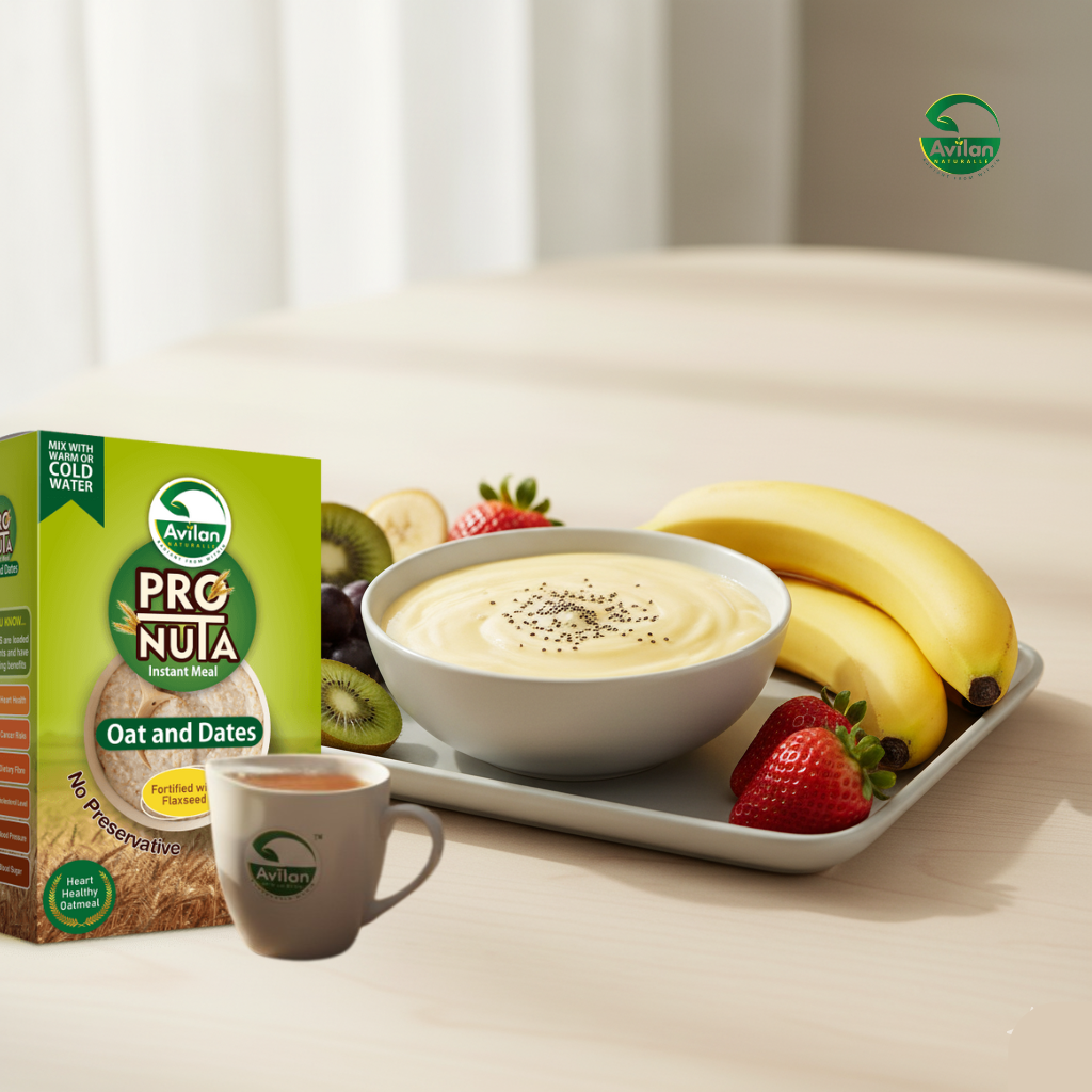 Assorted high-fiber foods including oats, chia seeds, fruits, and legumes arranged on a wooden surface.