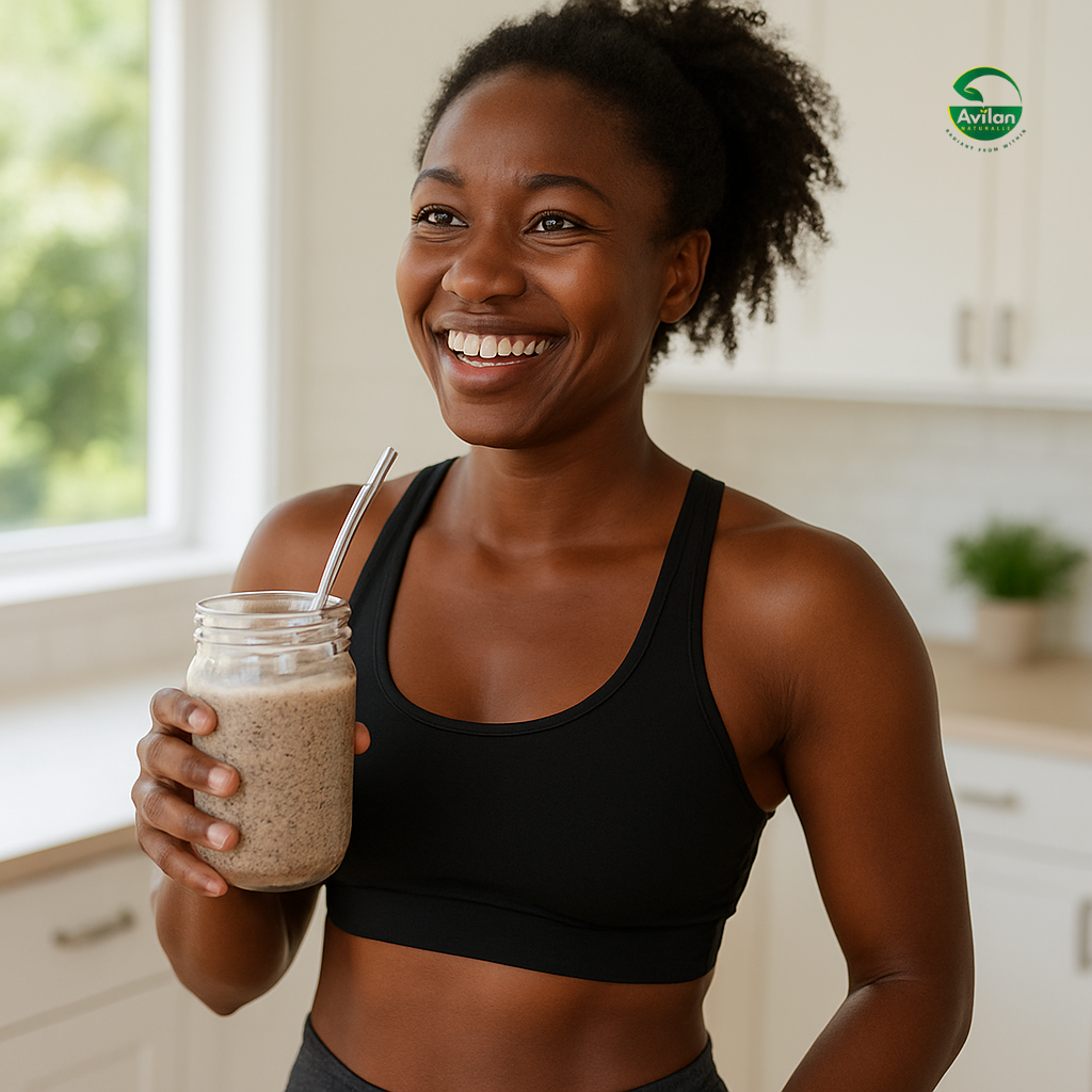 Active woman drinking flax seed and oat smoothie after workout.